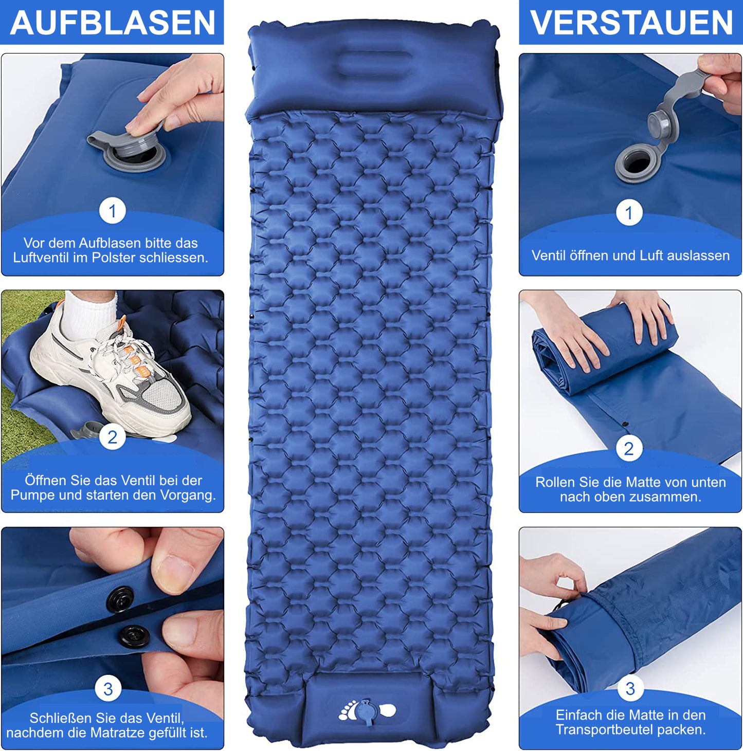 Inflatable sleeping mat | 196 x 68 x 6 cm | integrated pump